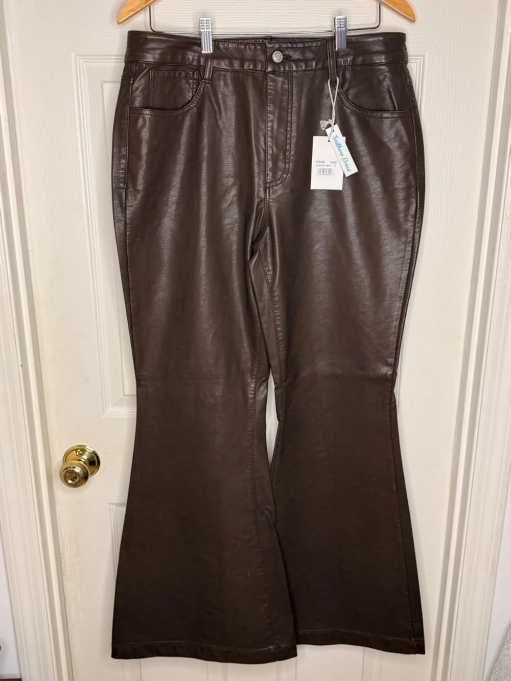 Southern Grace Brown Faux Leather Flare Pants High Rise Wide Leg NWT 12 - Picture 4 of 9
